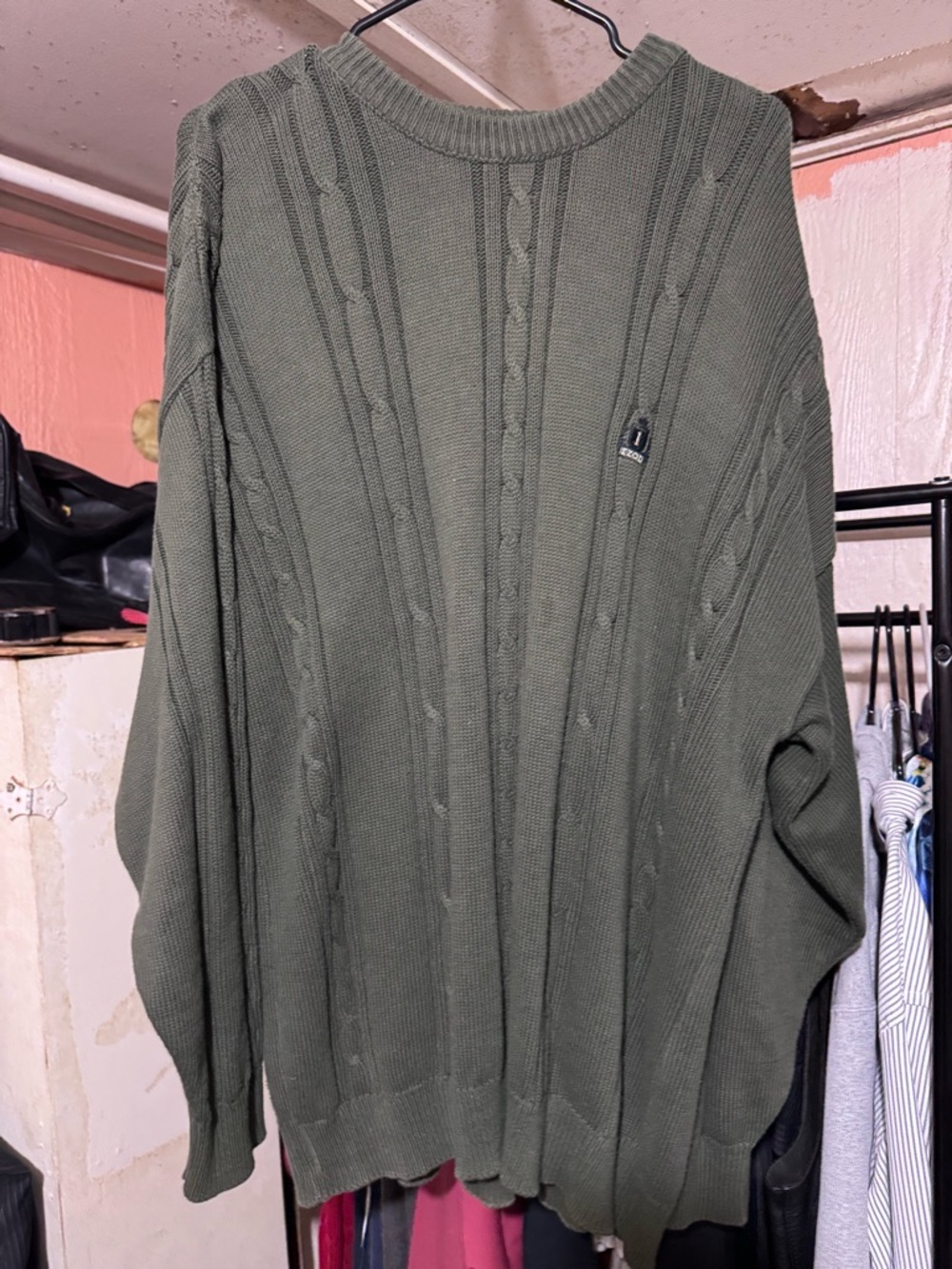 Vintage IZOD Cable Knit Sweater Mens XL Green 100% Cotton Crewneck Preppy